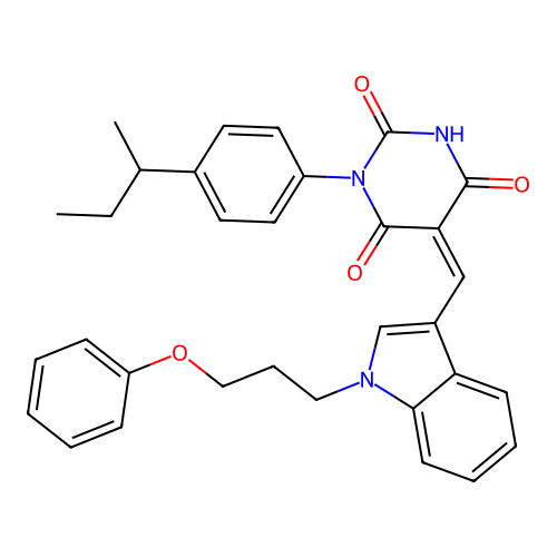 (5Z)-1-(4-butan-2-ylphenyl)-5-[[1-(3-phenoxypropyl)indol-3-yl]methylidene]-1,3-diazinane-2,4,6-trione structure