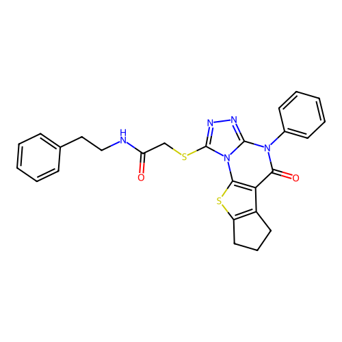 2-((5-oxo-4-phenyl-5,6,7,8-tetrahydro-4H-cyclopenta[4,5]thieno[3,2-e][1,2,4]triazolo[4,3-a]pyrimidin-1-yl)thio)-N-phenethylacetamide structure