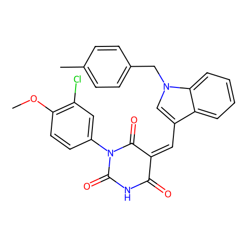 (Z)-1-(3-chloro-4-methoxyphenyl)-5-((1-(4-methylbenzyl)-1H-indol-3-yl)methylene)pyrimidine-2,4,6(1H,3H,5H)-trione structure