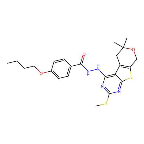 4-butoxy-N'-(6,6-dimethyl-2-(methylthio)-6,8-dihydro-5H-pyrano[4',3':4,5]thieno[2,3-d]pyrimidin-4-yl)benzohydrazide structure