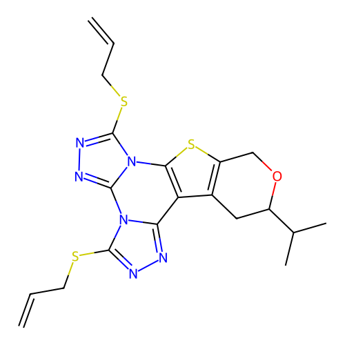 12-(propan-2-yl)-3,7-bis(prop-2-en-1-ylsulfanyl)-12,13-dihydro-10H-pyrano[4',3':4,5]thieno[3,2-e]bis[1,2,4]triazolo[4,3-a:4',3'-c]pyrimidine structure