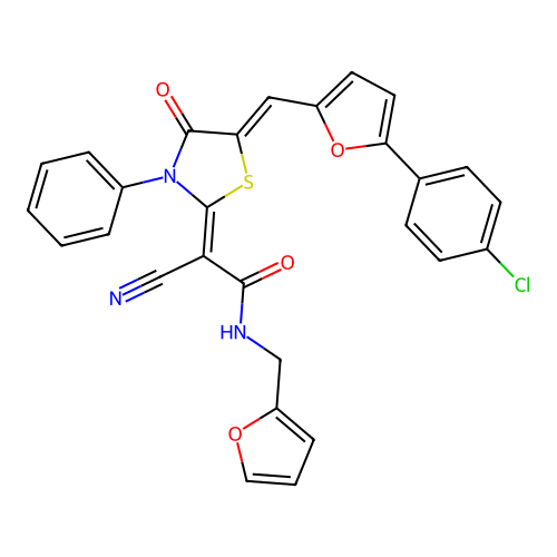 (2Z)-2-[(5Z)-5-[[5-(4-chlorophenyl)furan-2-yl]methylidene]-4-oxo-3-phenyl-1,3-thiazolidin-2-ylidene]-2-cyano-N-(furan-2-ylmethyl)acetamide structure