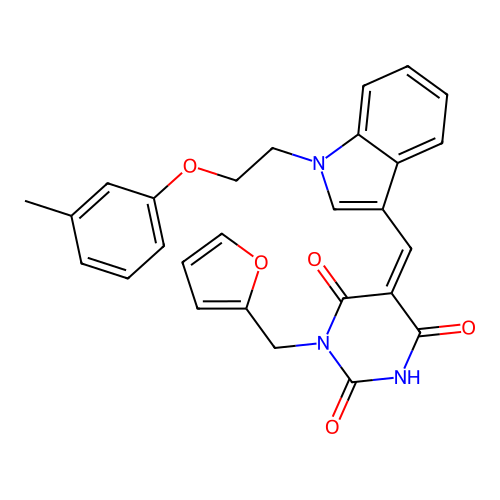 (Z)-1-(furan-2-ylmethyl)-5-((1-(2-(m-tolyloxy)ethyl)-1H-indol-3-yl)methylene)pyrimidine-2,4,6(1H,3H,5H)-trione structure
