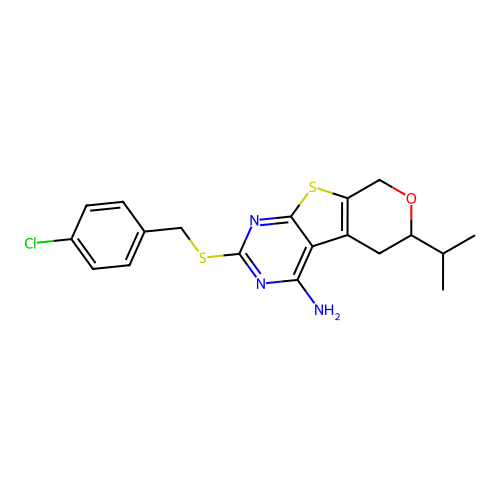 2-((4-chlorobenzyl)thio)-6-isopropyl-6,8-dihydro-5H-pyrano[4',3':4,5]thieno[2,3-d]pyrimidin-4-amine structure
