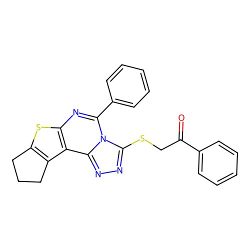1-phenyl-2-((5-phenyl-9,10-dihydro-8H-cyclopenta[4,5]thieno[3,2-e][1,2,4]triazolo[4,3-c]pyrimidin-3-yl)thio)ethanone structure
