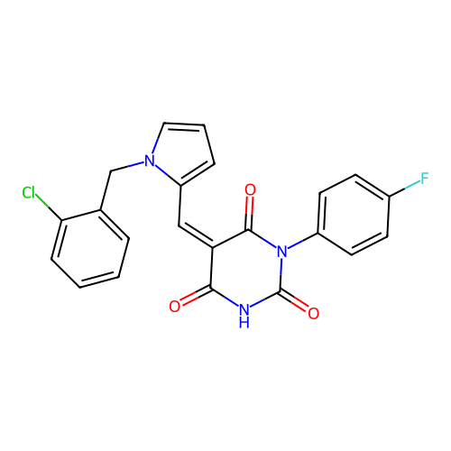 (5Z)-5-[[1-[(2-chlorophenyl)methyl]pyrrol-2-yl]methylidene]-1-(4-fluorophenyl)-1,3-diazinane-2,4,6-trione structure