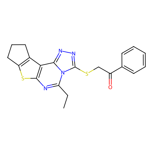 2-((5-ethyl-9,10-dihydro-8H-cyclopenta[4,5]thieno[3,2-e][1,2,4]triazolo[4,3-c]pyrimidin-3-yl)thio)-1-phenylethanone structure