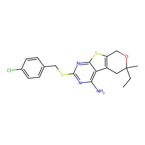 2-[(4-chlorobenzyl)sulfanyl]-6-ethyl-6-methyl-5,8-dihydro-6H-pyrano[4',3':4,5]thieno[2,3-d]pyrimidin-4-amine structure