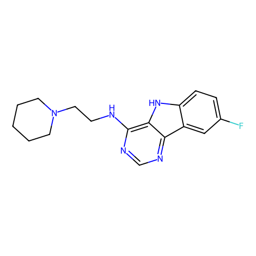 8-fluoro-N-[2-(piperidin-1-yl)ethyl]-5H-pyrimido[5,4-b]indol-4-amine structure