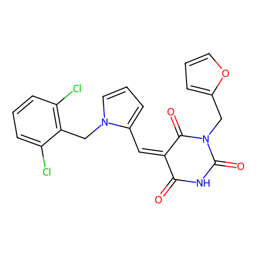 (5Z)-5-[[1-[(2,6-dichlorophenyl)methyl]pyrrol-2-yl]methylidene]-1-(furan-2-ylmethyl)-1,3-diazinane-2,4,6-trione structure