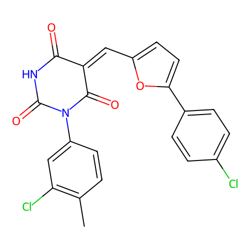 (5Z)-1-(3-chloro-4-methylphenyl)-5-[[5-(4-chlorophenyl)furan-2-yl]methylidene]-1,3-diazinane-2,4,6-trione structure