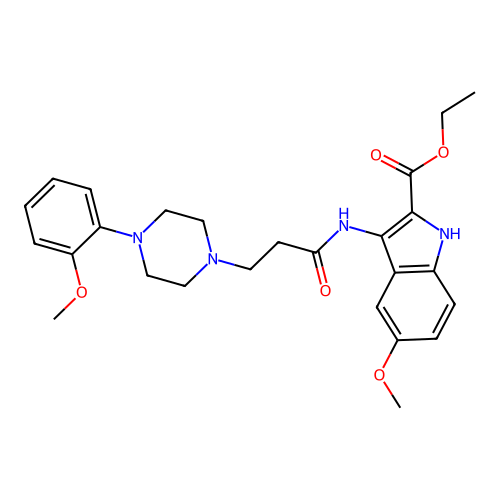 Ethyl 5-methoxy-3-[3-[4-(2-methoxyphenyl)piperazin-1-yl]propanoylamino]-1H-indole-2-carboxylate structure