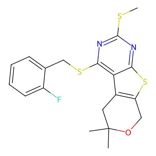 4-((2-fluorobenzyl)thio)-6,6-dimethyl-2-(methylthio)-6,8-dihydro-5H-pyrano[4',3':4,5]thieno[2,3-d]pyrimidine structure