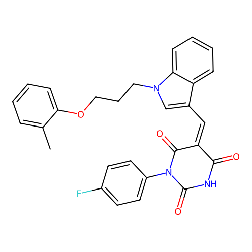 (5Z)-1-(4-fluorophenyl)-5-({1-[3-(2-methylphenoxy)propyl]-1H-indol-3-yl}methylidene)pyrimidine-2,4,6(1H,3H,5H)-trione structure