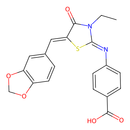 4-((E)-((Z)-5-(benzo[d][1,3]dioxol-5-ylmethylene)-3-ethyl-4-oxothiazolidin-2-ylidene)amino)benzoic acid structure