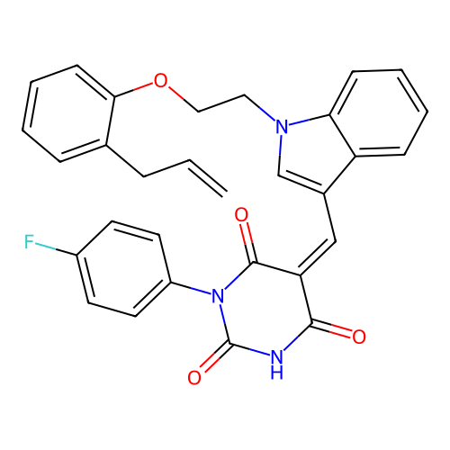 (5Z)-1-(4-fluorophenyl)-5-[(1-{2-[2-(prop-2-en-1-yl)phenoxy]ethyl}-1H-indol-3-yl)methylidene]pyrimidine-2,4,6(1H,3H,5H)-trione structure