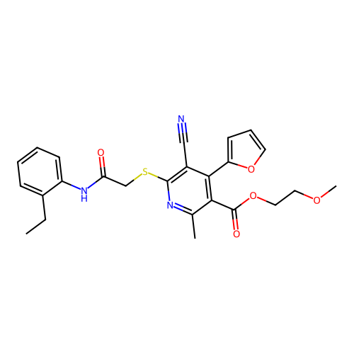 2-methoxyethyl 5-cyano-6-((2-((2-ethylphenyl)amino)-2-oxoethyl)thio)-4-(furan-2-yl)-2-methylnicotinate structure