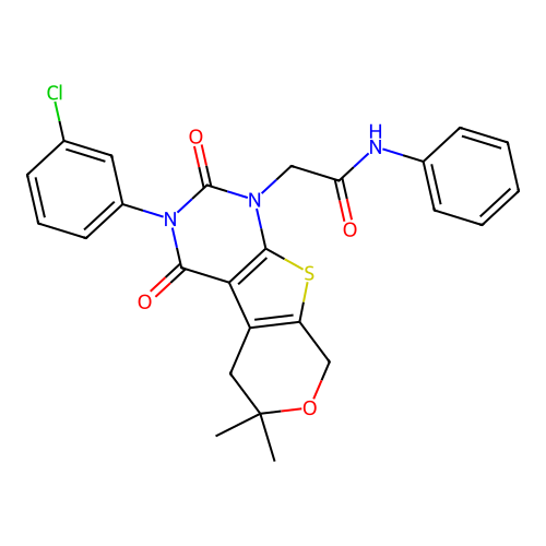 2-[3-(3-chlorophenyl)-6,6-dimethyl-2,4-dioxo-3,4,5,8-tetrahydro-2H-pyrano[4',3':4,5]thieno[2,3-d]pyrimidin-1(6H)-yl]-N-phenylacetamide structure