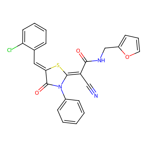 (2Z)-2-[(5Z)-5-(2-chlorobenzylidene)-4-oxo-3-phenyl-1,3-thiazolidin-2-ylidene]-2-cyano-N-(furan-2-ylmethyl)ethanamide structure