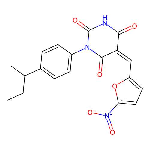 (5Z)-1-(4-butan-2-ylphenyl)-5-[(5-nitrofuran-2-yl)methylidene]-1,3-diazinane-2,4,6-trione structure