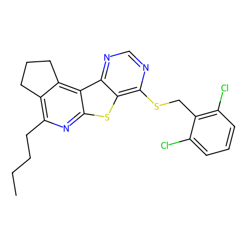 4-butyl-7-((2,6-dichlorobenzyl)thio)-2,3-dihydro-1H-cyclopenta[4',5']pyrido[3',2':4,5]thieno[3,2-d]pyrimidine structure