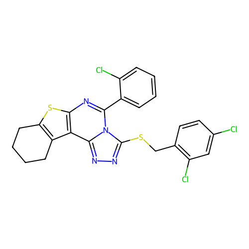 5-(2-chlorophenyl)-3-((2,4-dichlorobenzyl)thio)-8,9,10,11-tetrahydrobenzo[4,5]thieno[3,2-e][1,2,4]triazolo[4,3-c]pyrimidine structure