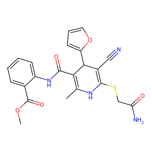 methyl 2-(6-((2-amino-2-oxoethyl)thio)-5-cyano-4-(furan-2-yl)-2-methyl-1,4-dihydropyridine-3-carboxamido)benzoate structure