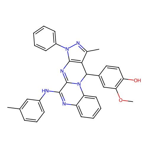 2-methoxy-4-(10-methyl-8-phenyl-6-(m-tolylamino)-8,11-dihydropyrazolo[3',4':4,5]pyrimido[1,2-a]quinoxalin-11-yl)phenol structure