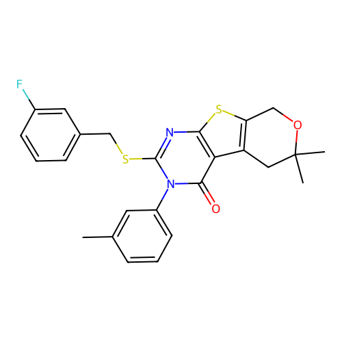 2-((3-fluorobenzyl)thio)-6,6-dimethyl-3-(m-tolyl)-5,6-dihydro-3H-pyrano[4',3':4,5]thieno[2,3-d]pyrimidin-4(8H)-one structure