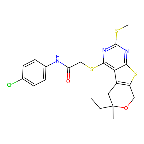 N-(4-chlorophenyl)-2-{[6-ethyl-6-methyl-2-(methylsulfanyl)-5,8-dihydro-6H-pyrano[4',3':4,5]thieno[2,3-d]pyrimidin-4-yl]sulfanyl}acetamide structure