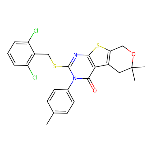 2-((2,6-dichlorobenzyl)thio)-6,6-dimethyl-3-(p-tolyl)-5,6-dihydro-3H-pyrano[4',3':4,5]thieno[2,3-d]pyrimidin-4(8H)-one structure