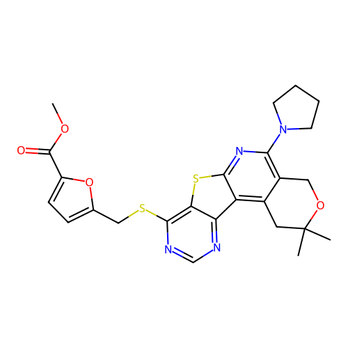 methyl 5-(((2,2-dimethyl-5-(pyrrolidin-1-yl)-2,4-dihydro-1H-pyrano[4'',3'':4',5']pyrido[3',2':4,5]thieno[3,2-d]pyrimidin-8-yl)thio)methyl)furan-2-carboxylate structure
