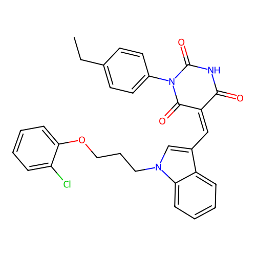 (5Z)-5-({1-[3-(2-chlorophenoxy)propyl]-1H-indol-3-yl}methylidene)-1-(4-ethylphenyl)pyrimidine-2,4,6(1H,3H,5H)-trione structure
