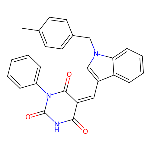 (Z)-5-((1-(4-methylbenzyl)-1H-indol-3-yl)methylene)-1-phenylpyrimidine-2,4,6(1H,3H,5H)-trione structure
