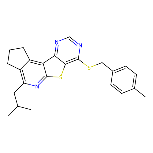 4-isobutyl-7-((4-methylbenzyl)thio)-2,3-dihydro-1H-cyclopenta[4',5']pyrido[3',2':4,5]thieno[3,2-d]pyrimidine structure