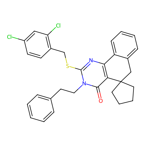2-((2,4-dichlorobenzyl)thio)-3-phenethyl-3H-spiro[benzo[h]quinazoline-5,1'-cyclopentan]-4(6H)-one structure