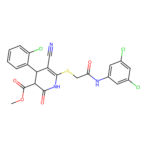 methyl 4-(2-chlorophenyl)-5-cyano-6-((2-((3,5-dichlorophenyl)amino)-2-oxoethyl)thio)-2-oxo-1,2,3,4-tetrahydropyridine-3-carboxylate structure