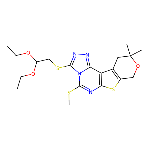 3-((2,2-diethoxyethyl)thio)-10,10-dimethyl-5-(methylthio)-10,11-dihydro-8H-pyrano[4',3':4,5]thieno[3,2-e][1,2,4]triazolo[4,3-c]pyrimidine structure