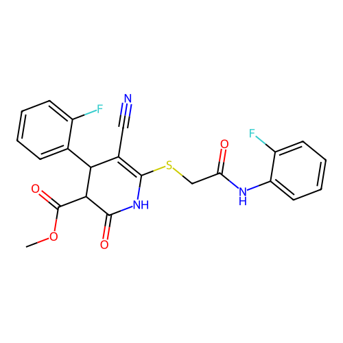 methyl 5-cyano-4-(2-fluorophenyl)-6-((2-((2-fluorophenyl)amino)-2-oxoethyl)thio)-2-oxo-1,2,3,4-tetrahydropyridine-3-carboxylate structure