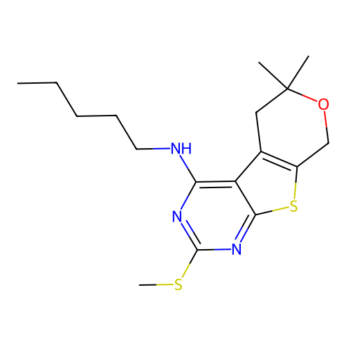 6,6-dimethyl-2-(methylsulfanyl)-N-pentyl-5,8-dihydro-6H-pyrano[4',3':4,5]thieno[2,3-d]pyrimidin-4-amine structure