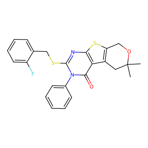 2-((2-fluorobenzyl)thio)-6,6-dimethyl-3-phenyl-5,6-dihydro-3H-pyrano[4',3':4,5]thieno[2,3-d]pyrimidin-4(8H)-one structure