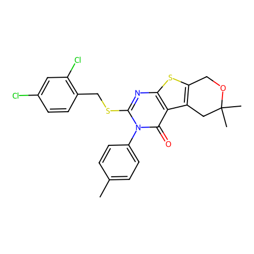 2-((2,4-dichlorobenzyl)thio)-6,6-dimethyl-3-(p-tolyl)-5,6-dihydro-3H-pyrano[4',3':4,5]thieno[2,3-d]pyrimidin-4(8H)-one structure