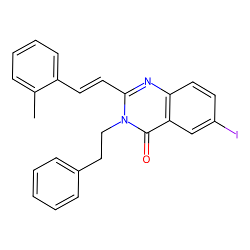 6-iodo-2-[(E)-2-(2-methylphenyl)ethenyl]-3-(2-phenylethyl)quinazolin-4(3H)-one structure