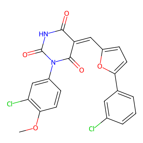 (5Z)-1-(3-chloro-4-methoxyphenyl)-5-[[5-(3-chlorophenyl)furan-2-yl]methylidene]-1,3-diazinane-2,4,6-trione structure
