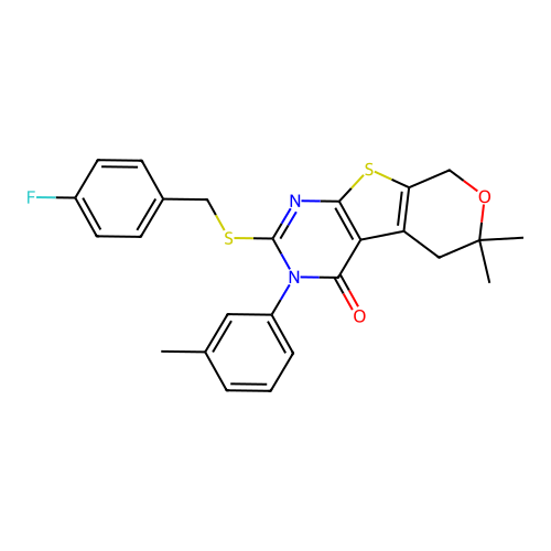 2-((4-fluorobenzyl)thio)-6,6-dimethyl-3-(m-tolyl)-5,6-dihydro-3H-pyrano[4',3':4,5]thieno[2,3-d]pyrimidin-4(8H)-one structure