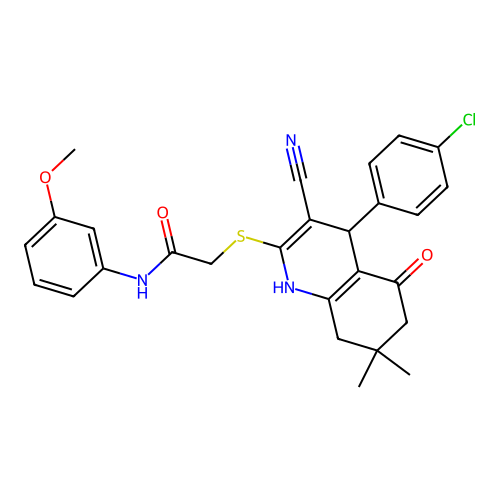 2-((4-(4-chlorophenyl)-3-cyano-7,7-dimethyl-5-oxo-1,4,5,6,7,8-hexahydroquinolin-2-yl)thio)-N-(3-methoxyphenyl)acetamide structure