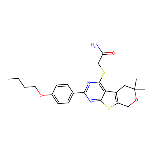 2-((2-(4-butoxyphenyl)-6,6-dimethyl-6,8-dihydro-5H-pyrano[4',3':4,5]thieno[2,3-d]pyrimidin-4-yl)thio)acetamide structure