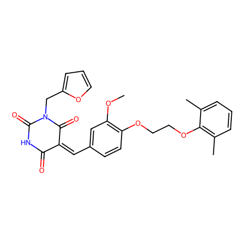 (5Z)-5-[[4-[2-(2,6-dimethylphenoxy)ethoxy]-3-methoxyphenyl]methylidene]-1-(furan-2-ylmethyl)-1,3-diazinane-2,4,6-trione structure