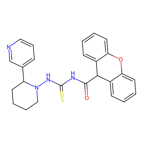 N-((2-(pyridin-3-yl)piperidin-1-yl)carbamothioyl)-9H-xanthene-9-carboxamide structure