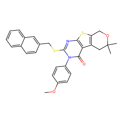 3-(4-methoxyphenyl)-6,6-dimethyl-2-((naphthalen-2-ylmethyl)thio)-5,6-dihydro-3H-pyrano[4',3':4,5]thieno[2,3-d]pyrimidin-4(8H)-one structure
